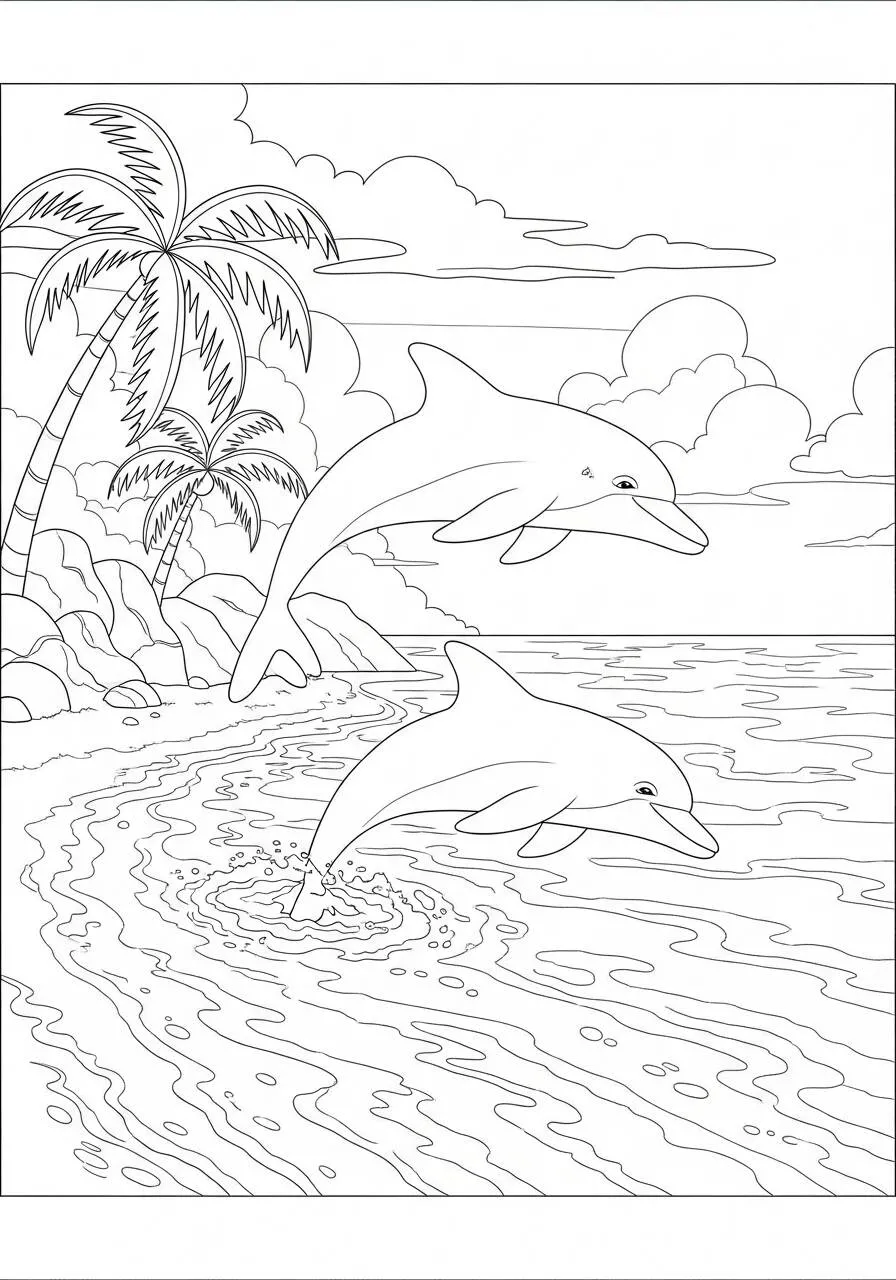 Desenho de Golfinhos brincando na praia para colorir