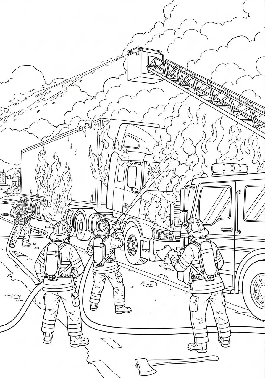 Ausmalbild: Feuerwehrauto in Aktion