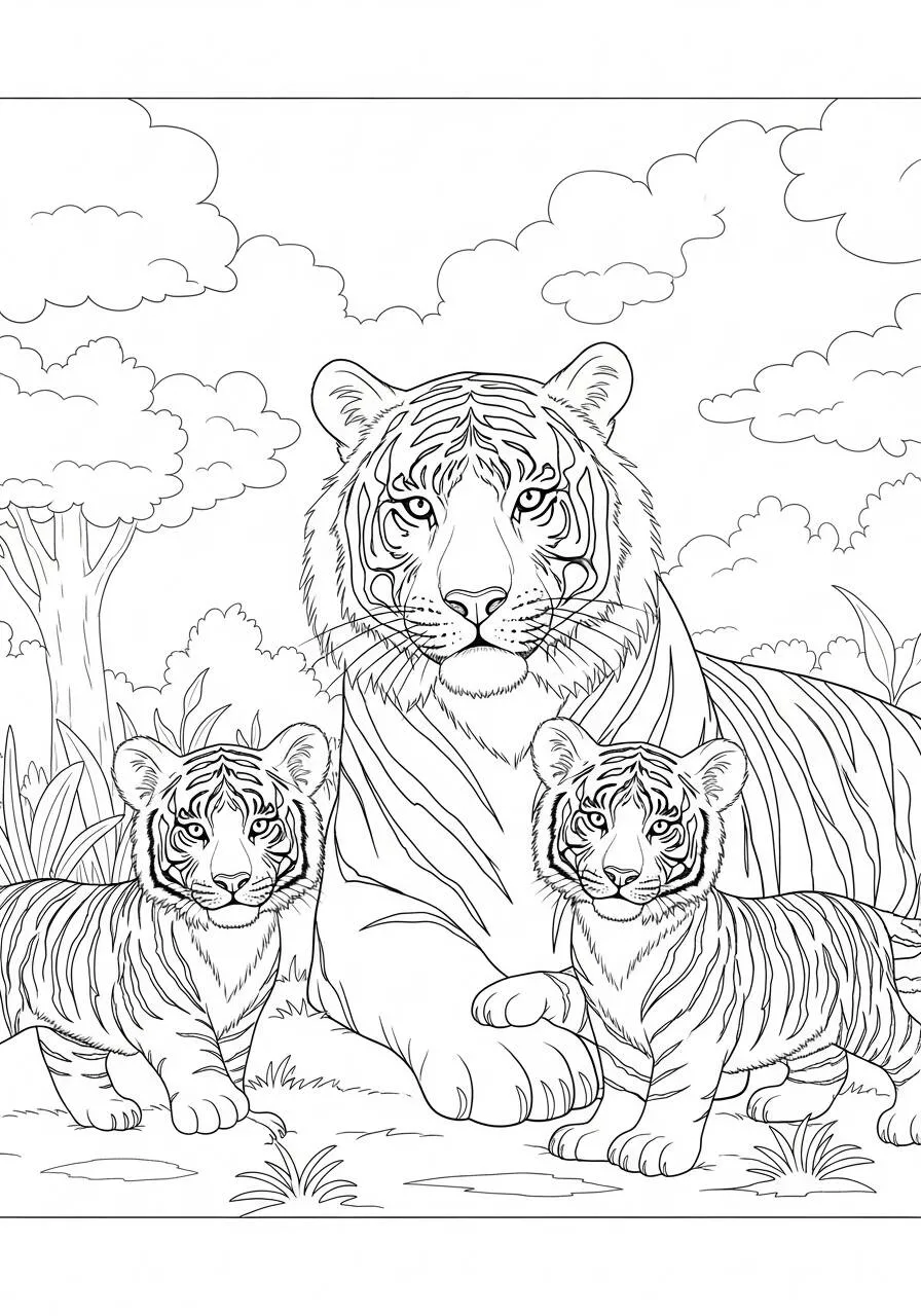 Desenho de Tigre e Filhotes para Colorir