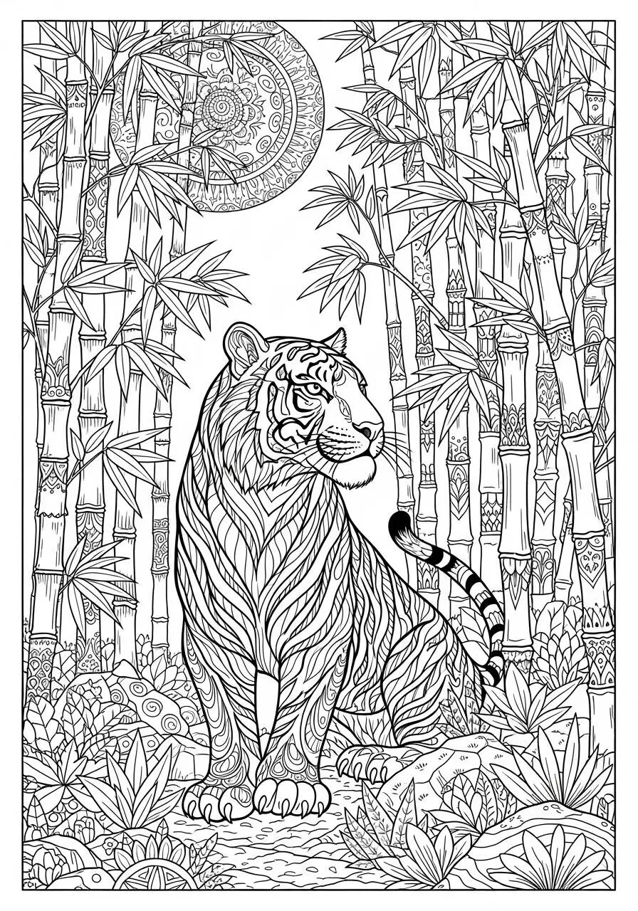 Desenho de Tigre em Meio à Floresta para Colorir