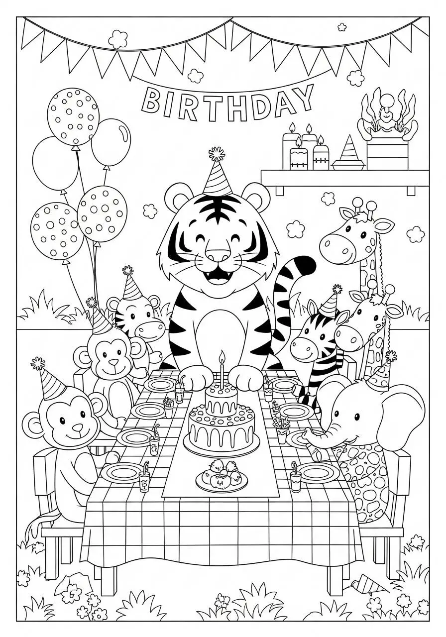 Tigre en una fiesta de cumpleaños Página para colorear