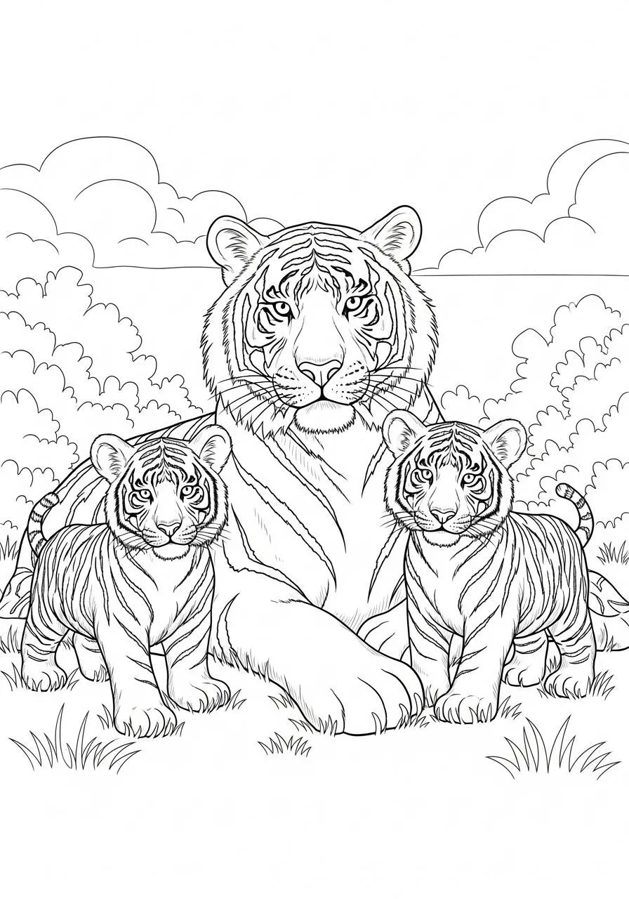 Desenho de Tigre e Filhotes para Colorir