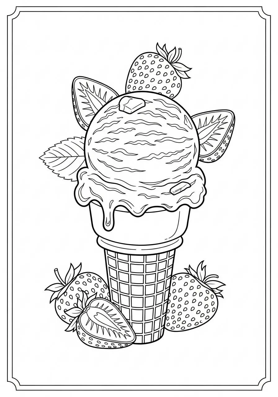 Desenho de Sorvete com Morangos para Colorir