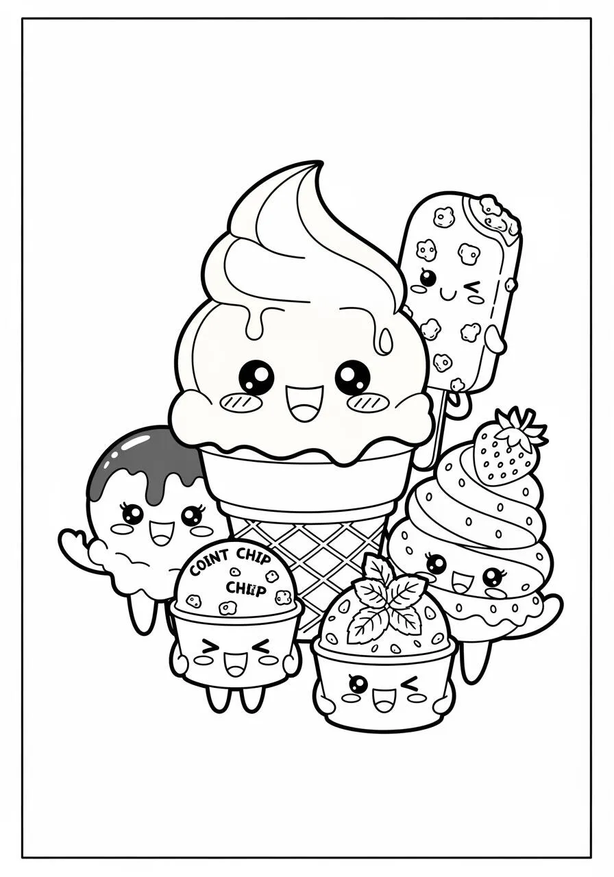 Coloriage de crème glacée Kawaii avec des personnages amusants