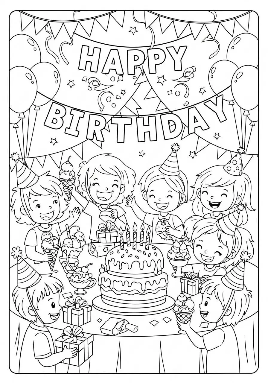 Desenho de Festa de Aniversário com Sorvete para Colorir