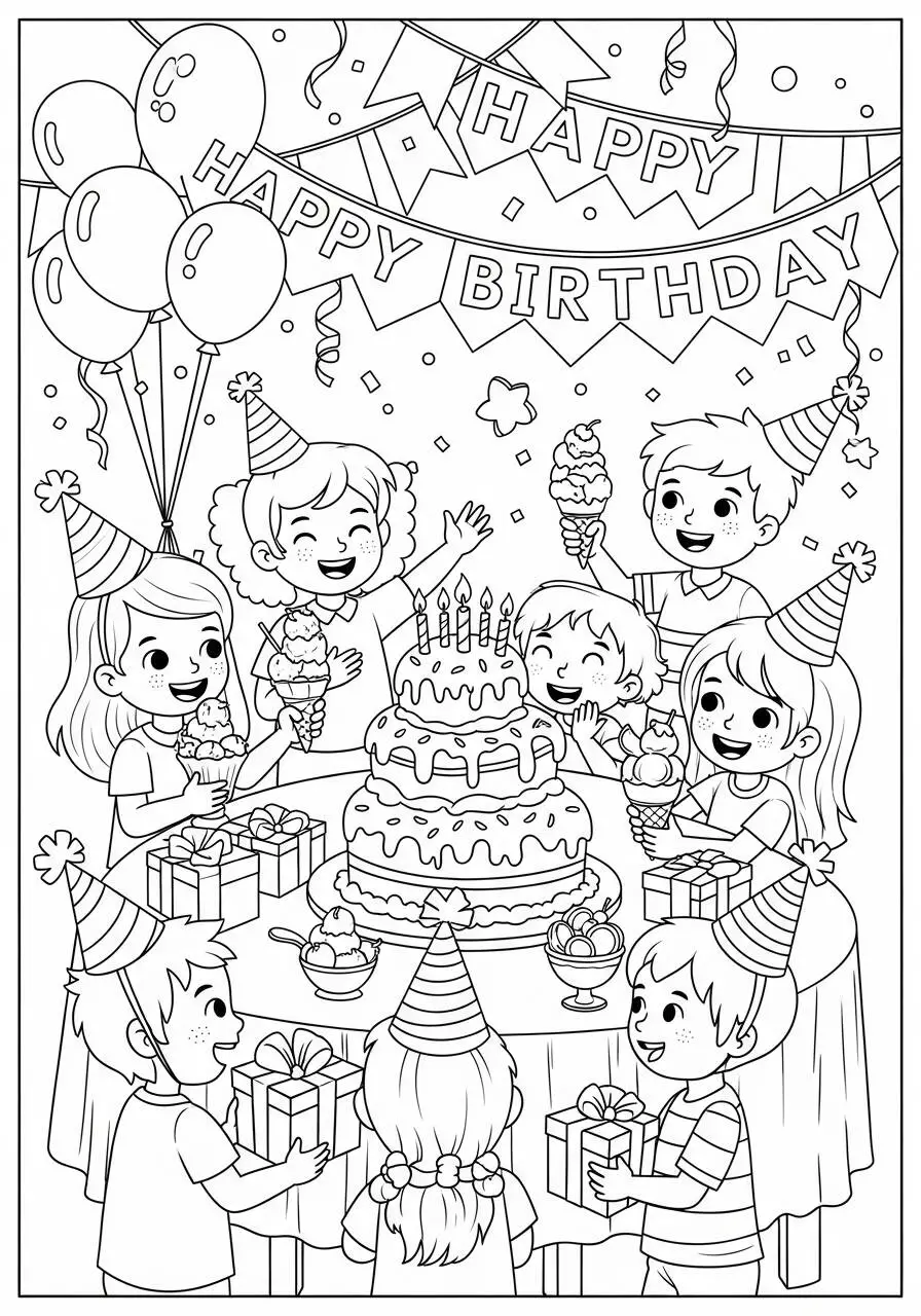 Coloriage Fête d'anniversaire avec crème glacée