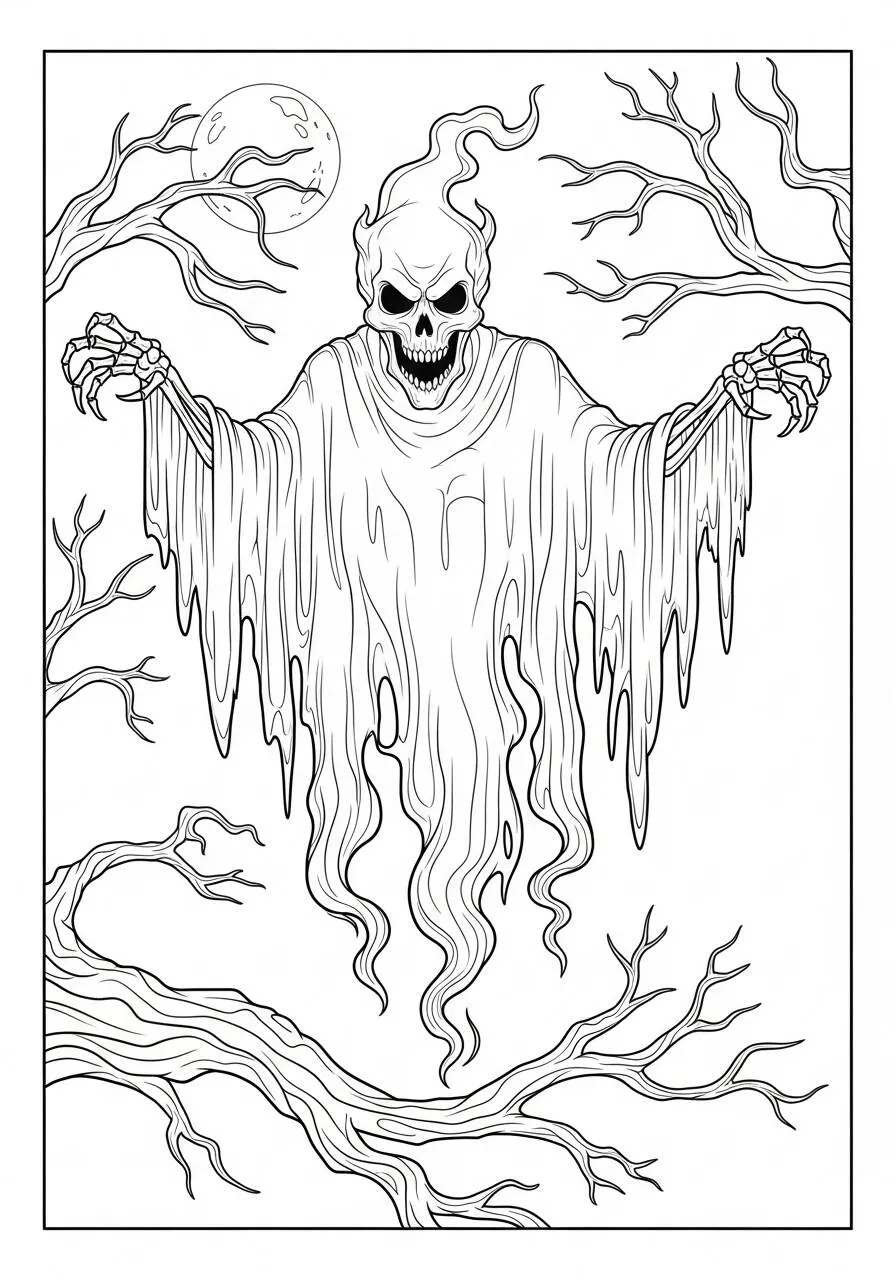 Coloriage d'Halloween avec un fantôme effrayant