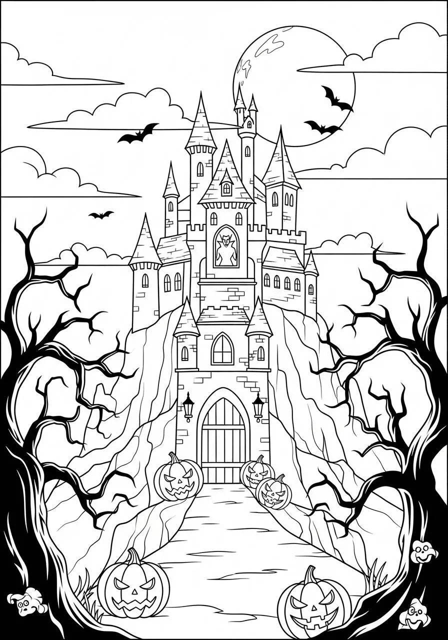 Coloriage d'Halloween avec un château hanté