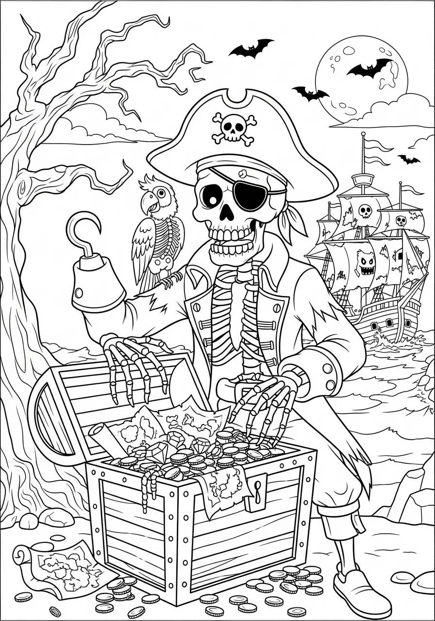 Dibujo para colorear de pirata esqueleto de Víspera de Todos los Santos