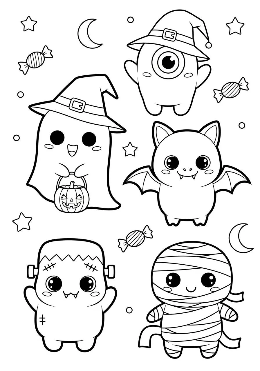 Dibujo de Víspera de Todos los Santos con Personajes Kawaii para Colorear