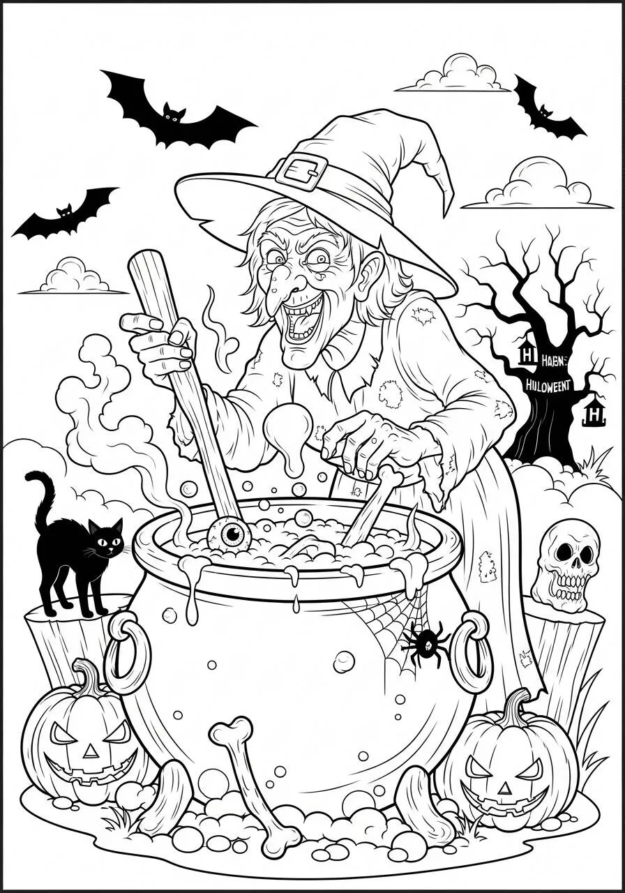 Dibujo para colorear de Víspera de Todos los Santos con bruja y caldero