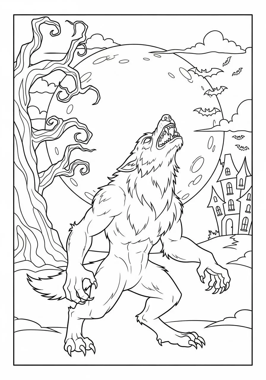 Desenho de Halloween com Lobisomem para Colorir