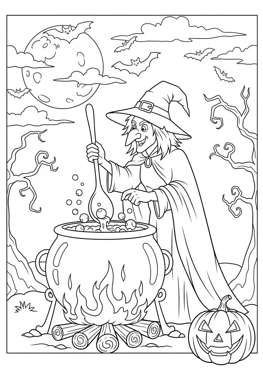 Desenho de Halloween com Bruxa e Caldeirão para Colorir