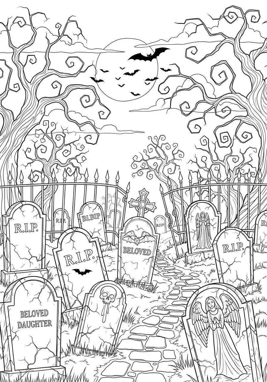 Desenho de Halloween com Cemitério Assombrado para Colorir
