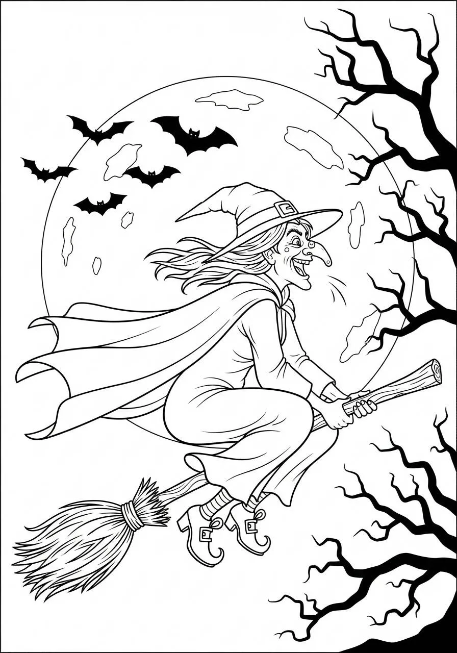 Desenho de Halloween com Bruxa Voadora para Colorir