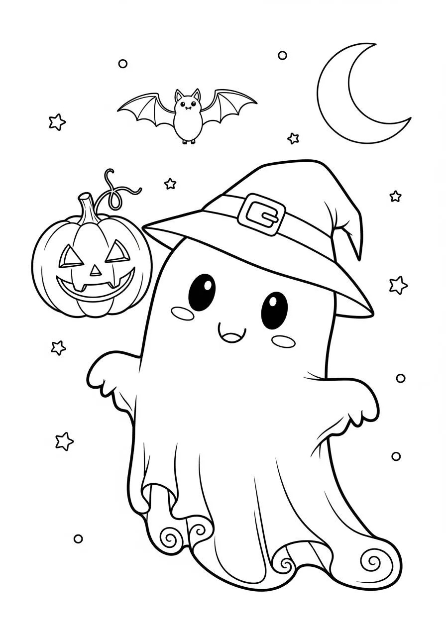 Desenho de Halloween com Fantasma Kawaii e Abóbora para Colorir