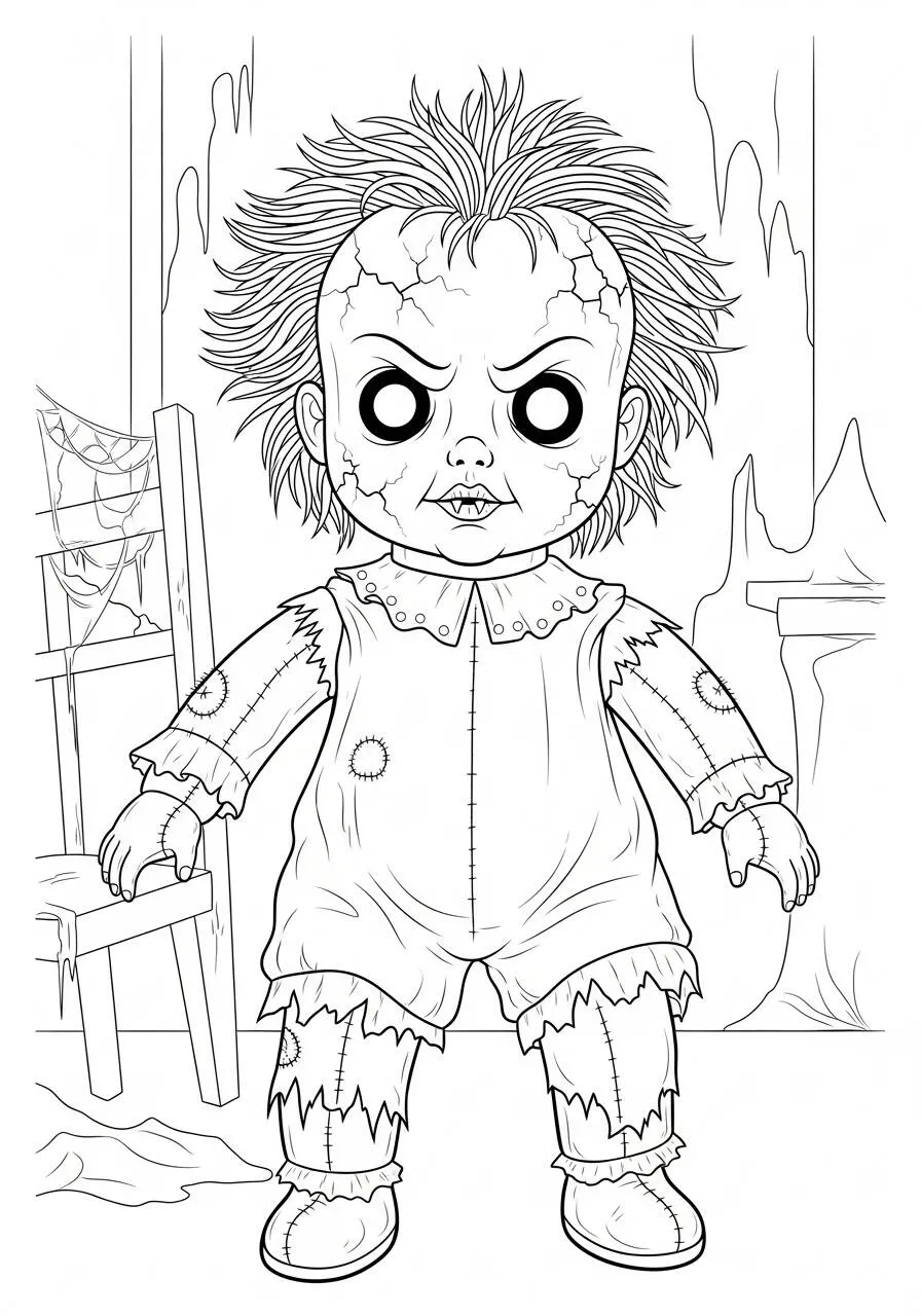 Desenho de Halloween com Boneca Assombrada para Colorir