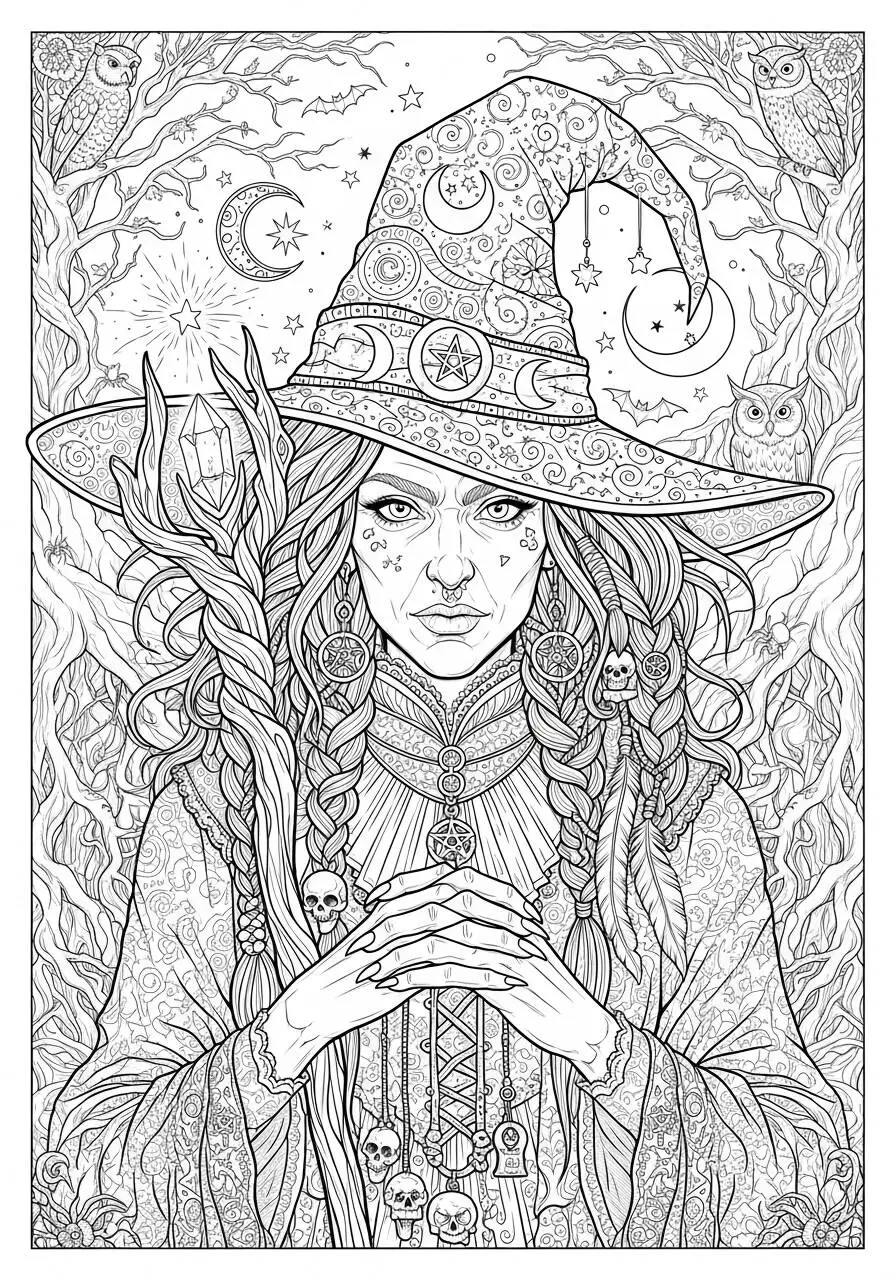 Desenho de Halloween com Bruxa para Colorir