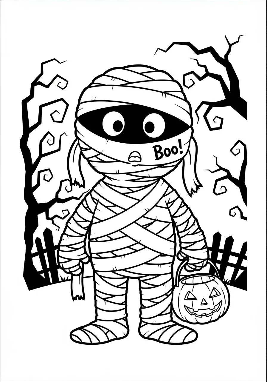 Desenho de Halloween com Múmia Kawaii para Colorir