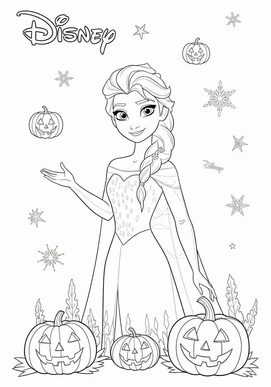 Desenho de Halloween com Elsa e Abóboras para Colorir