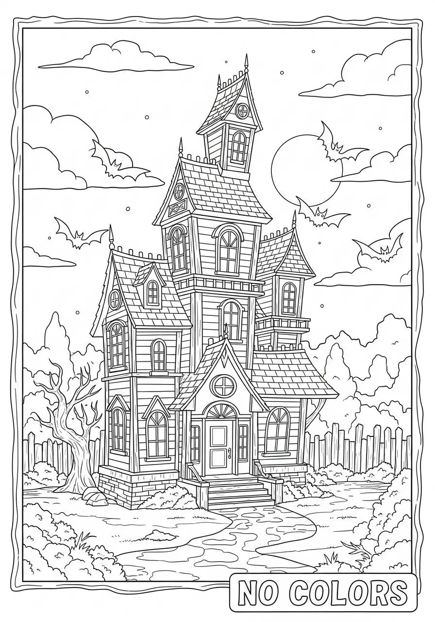 Desenho de Halloween com Casa Assombrada para colorir