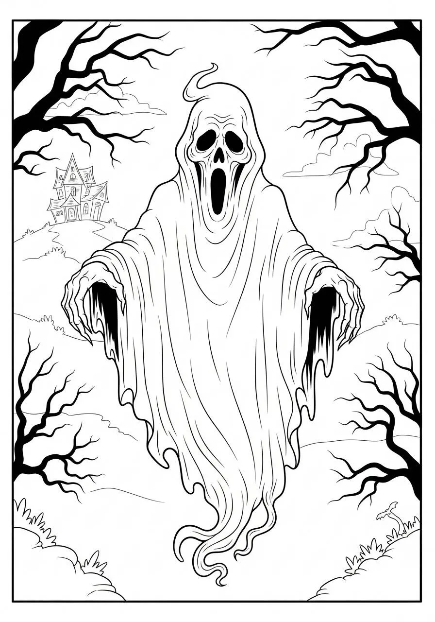 Desenho de Halloween com Fantasma Assustador para Colorir