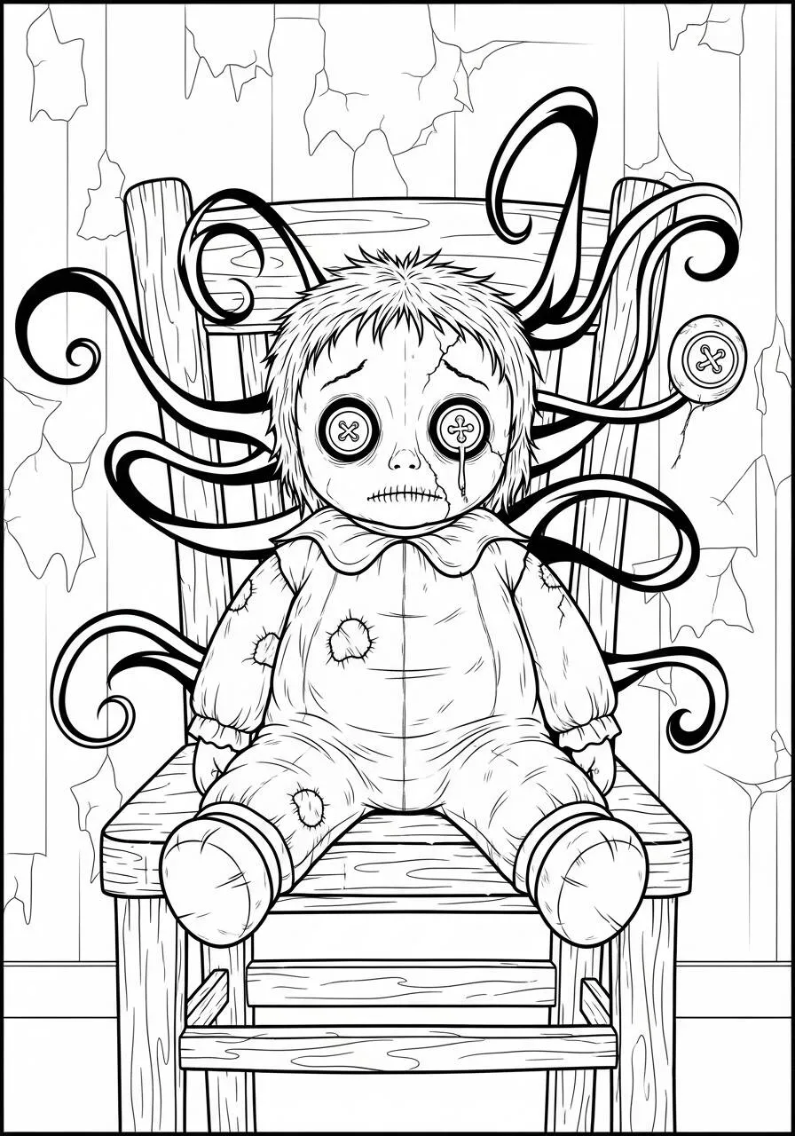 Desenho de Halloween com Boneca Assombrada para Colorir