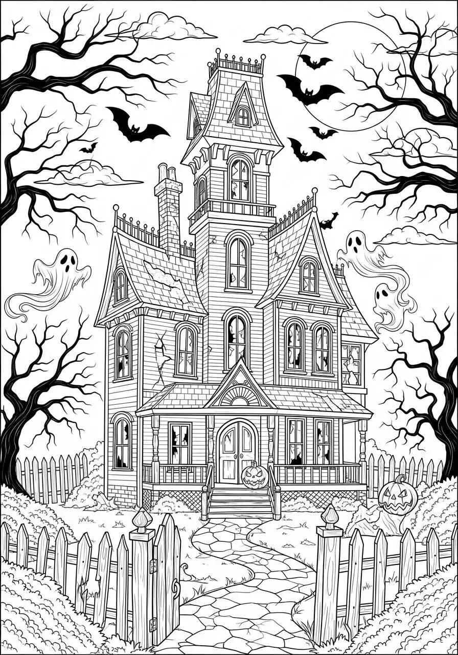 Desenho de Halloween com Casa Assombrada para Colorir