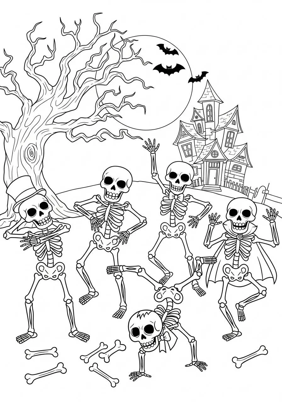 Desenho de Halloween com Esqueletos para Colorir