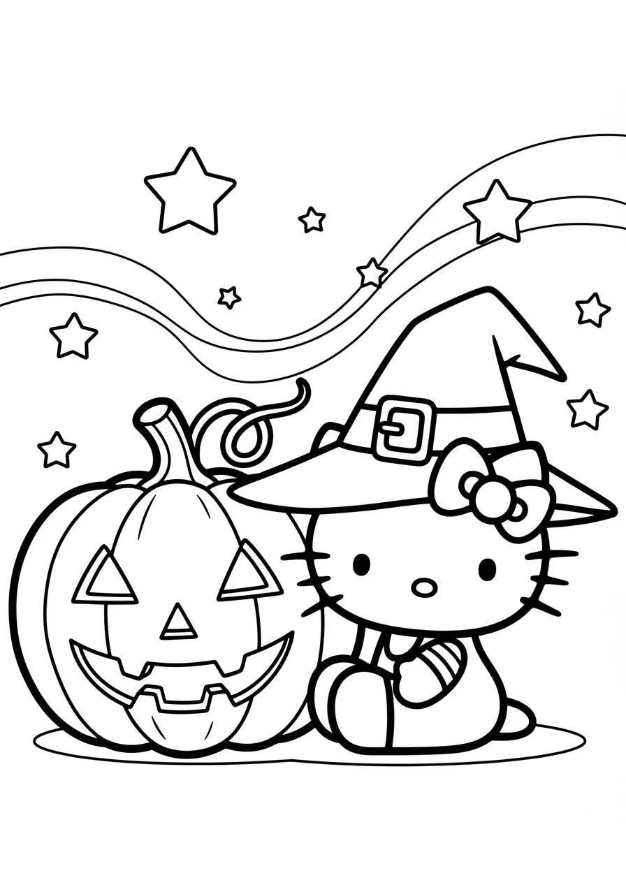 Dessin d'Halloween avec Bonjour Kitty et Citrouille à Colorier