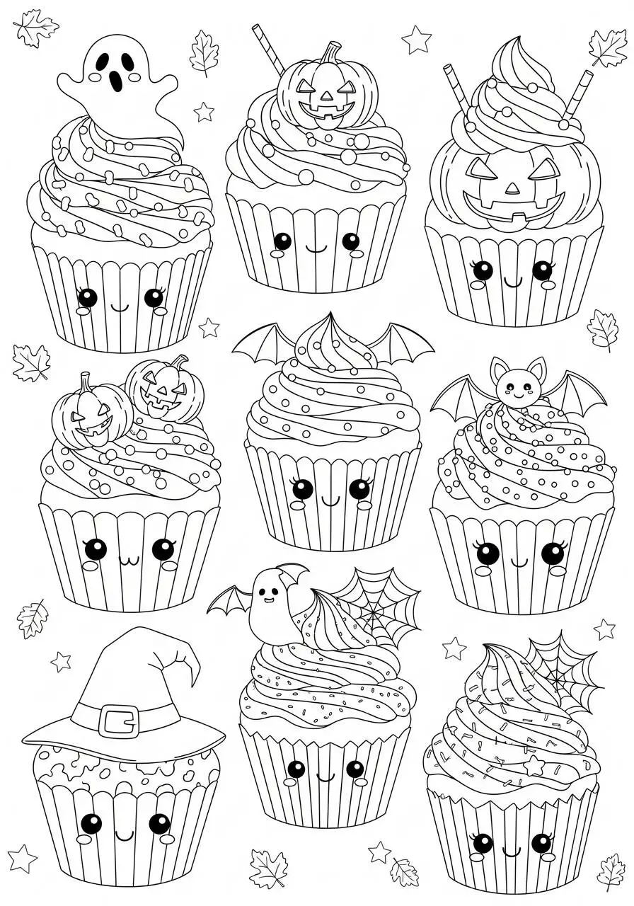 Coloriage d'Halloween avec des cupcakes Kawaii