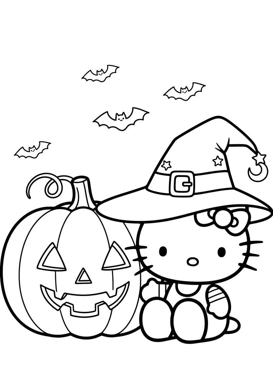 Desenho de Halloween com Hello Kitty e Abóbora para Colorir