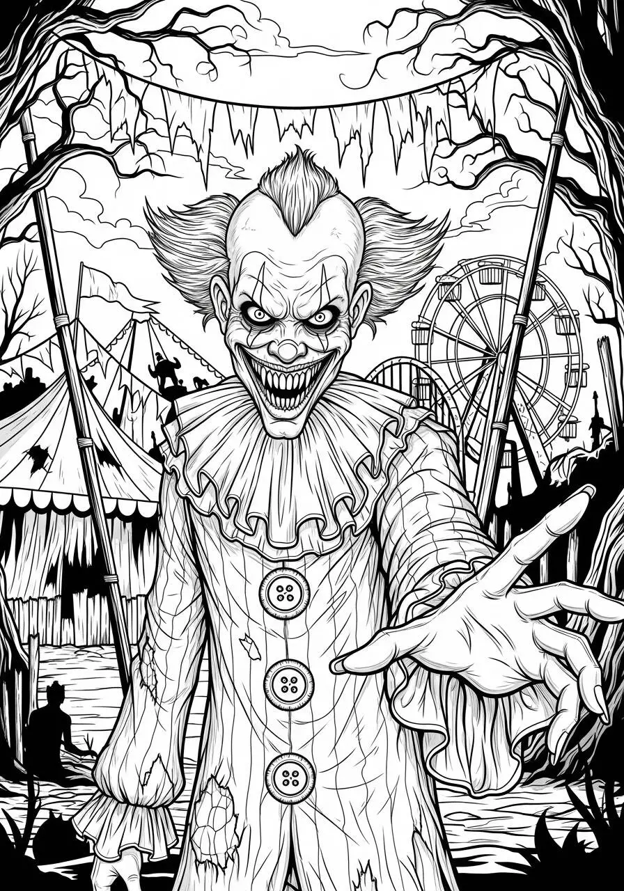 Desenho de Halloween com Palhaço Assustador para Colorir