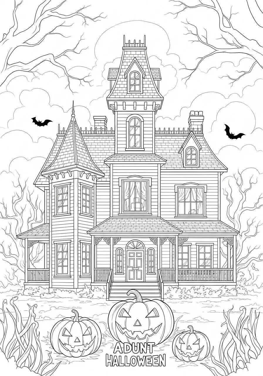 Desenho de Halloween com Casa Assombrada para Colorir
