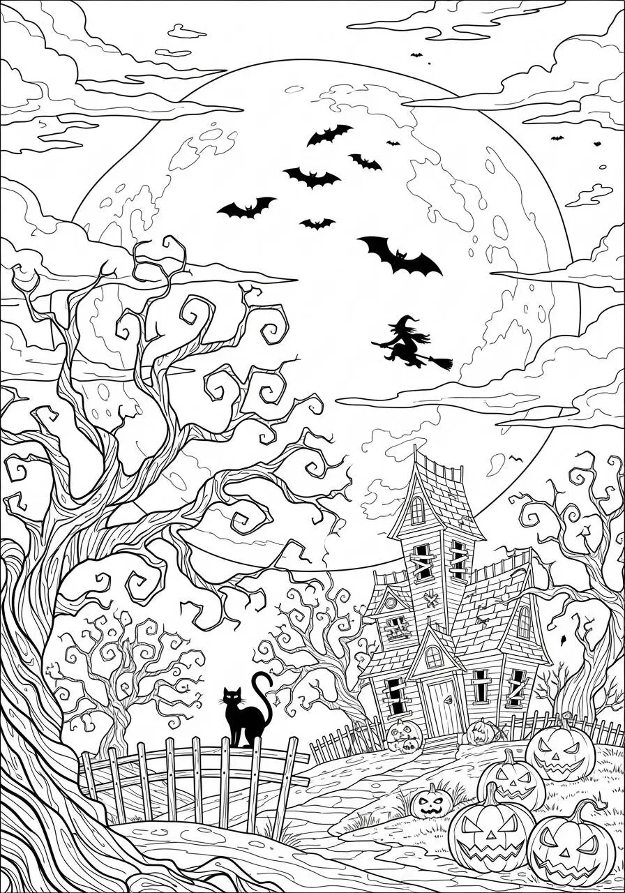 Desenho de Halloween com Bruxa e Gato para Colorir