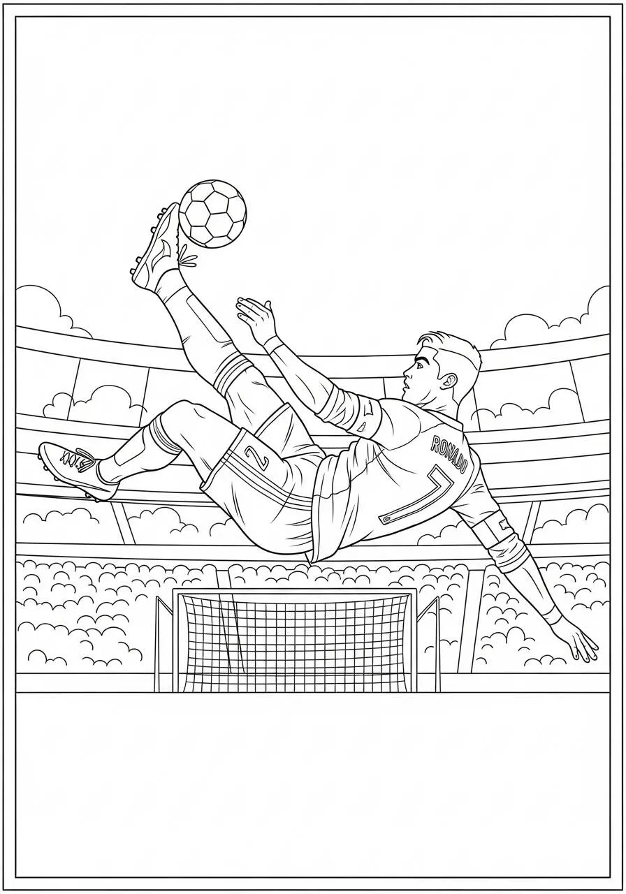 Desenho do Cristiano Ronaldo fazendo um gol de bicicleta para Colorir