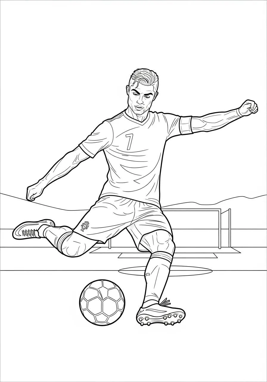 Desenho do Cristiano Ronaldo chutando a bola para Colorir