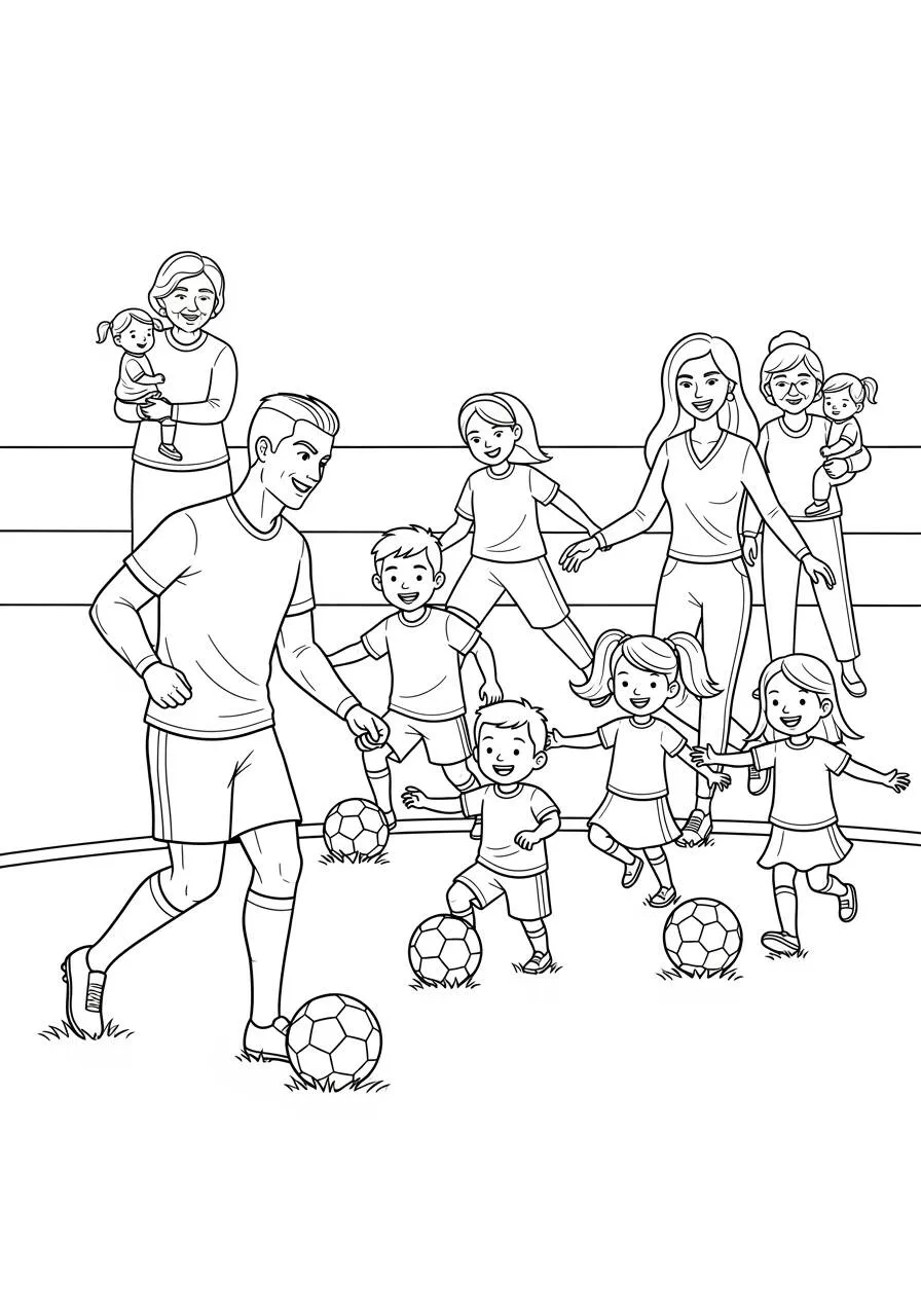 Desenho do Cristiano Ronaldo jogando futebol com crianças para Colorir