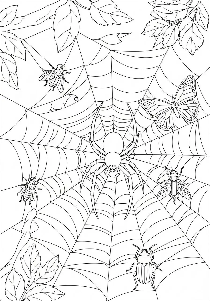 Dibujo para colorear de insectos araña y mariposa