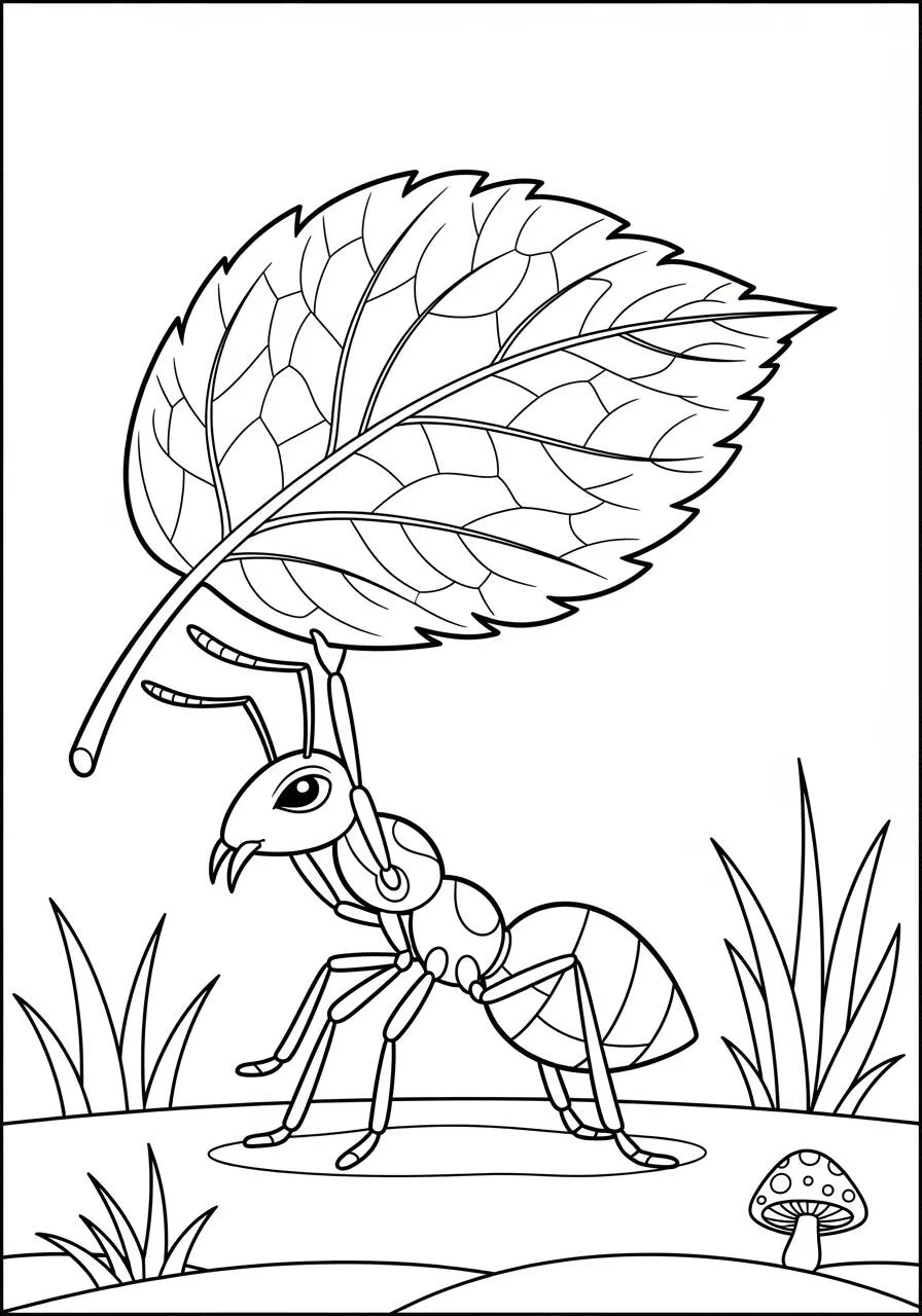 Desenho de Inseto de Formiga Carregando Folha para Colorir