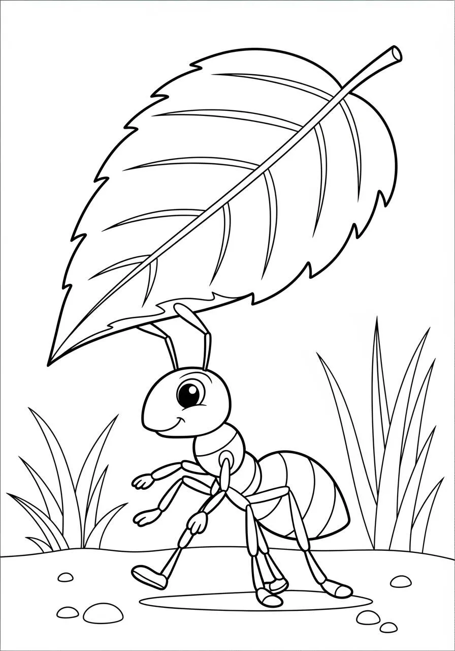 Desenho de Inseto de Formiga Carregando Folha para Colorir