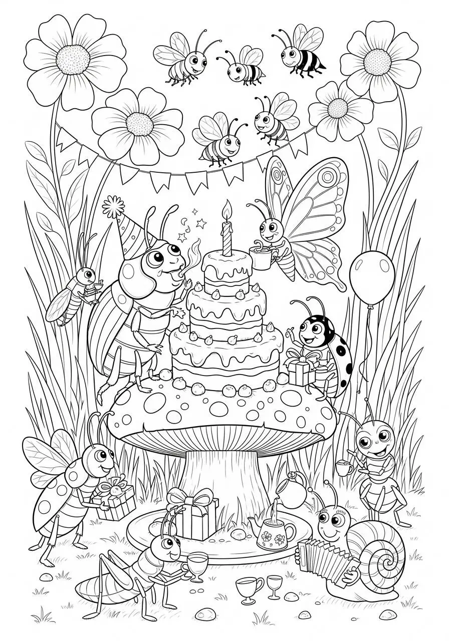Desenho de Inseto de Festa com Borboletas e Abelhas para Colorir