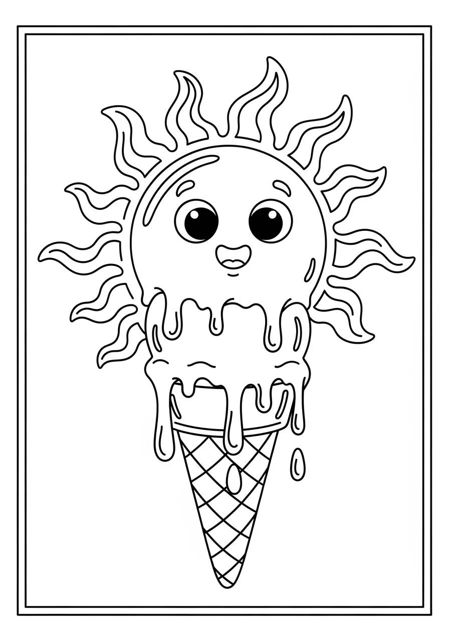 Desenho do Sol Kawaii com Sorvete para Colorir