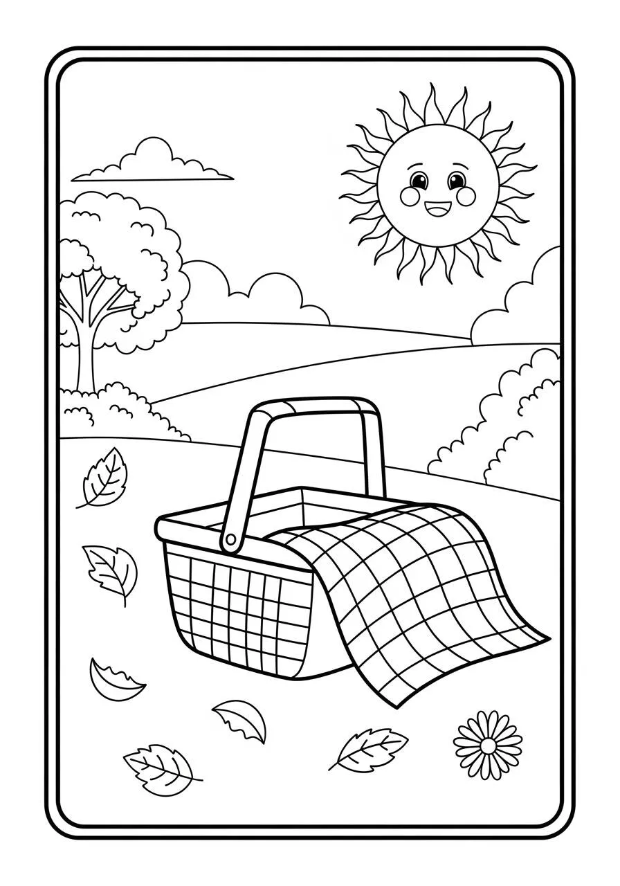 Desenho do Sol Sorridente com Cesta de Piquenique para Colorir
