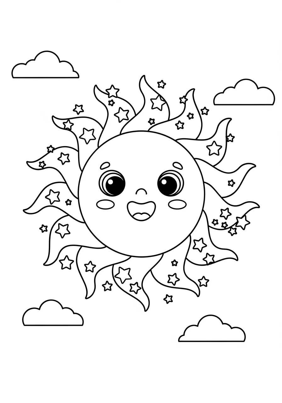 Desenho do Sol Kawaii com Estrelas para Colorir