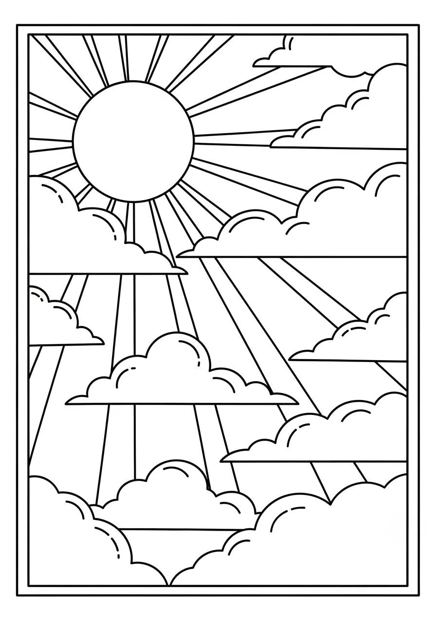 Desenho do Sol Radiante com Nuvens para Colorir