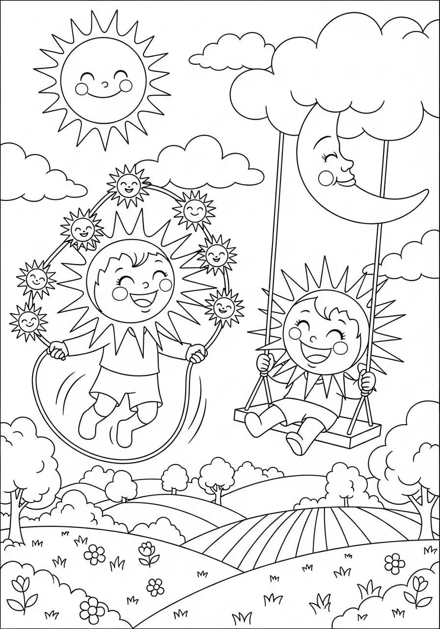 Desenho do Sol Brincando com Crianças para Colorir