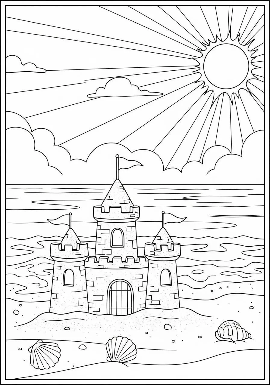 Desenho do Sol Brilhante com Castelo de Areia para Colorir