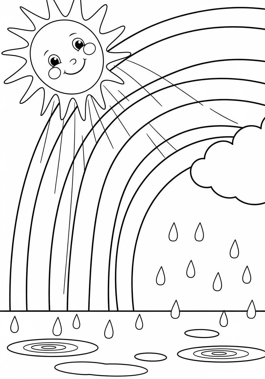 Desenho do Sol Sorridente com Arco íris para Colorir