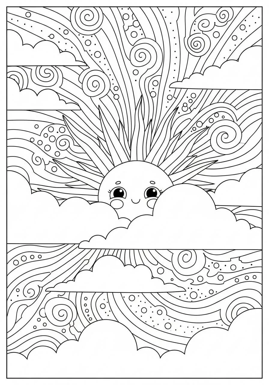 Desenho do Sol Kawaii com Nuvens para Colorir